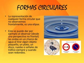 FORMAS CIRCULARESLa representación de cualquier forma circular que no observemos frontalmente, es una elipse.Esto se puede dar por ejemplo al observar (desde una perspectiva no frontal) las ondas en un charco de agua al tirar algún objeto pequeño, un plato, un disco, ruedas o señales de tráfico siempre y cuando sean redondos.