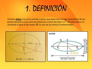 1. DEFINICIÓNSe llama elipse a la curva cerrada y plana, que determina el lugar geométrico de los puntos del plano cuya suma de distancias a otros dos fijos F y F´ llamados focos, es constante e igual al eje mayor AB. Es una de las cónicas fundamentales.