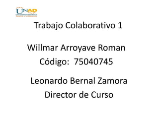 Trabajo Colaborativo 1
Willmar Arroyave Roman
Código: 75040745
Leonardo Bernal Zamora
Director de Curso
 