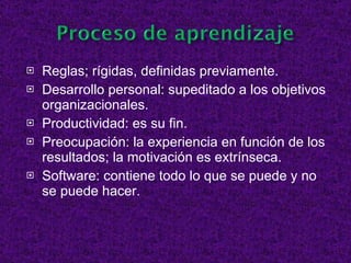 Reglas; rígidas, definidas previamente. Desarrollo personal: supeditado a los objetivos organizacionales. Productividad: es su fin. Preocupación: la experiencia en función de los resultados; la motivación es extrínseca. Software: contiene todo lo que se puede y no se puede hacer. 