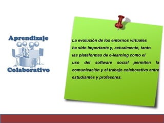 LLaa eevvoolluucciióónn ddee llooss eennttoorrnnooss vviirrttuuaalleess 
hhaa ssiiddoo iimmppoorrttaannttee yy,, aaccttuuaallmmeennttee,, ttaannttoo 
llaass ppllaattaaffoorrmmaass ddee ee--lleeaarrnniinngg ccoommoo eell 
uussoo ddeell ssooffttwwaarree ssoocciiaall ppeerrmmiitteenn llaa 
ccoommuunniiccaacciióónn yy eell ttrraabbaajjoo ccoollaabboorraattiivvoo eennttrree 
eessttuuddiiaanntteess yy pprrooffeessoorreess.. 
 