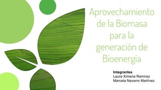Aprovechamiento
de la Biomasa
para la
generación de
Bioenergía
Integrantes
Laura Ximena Ramírez
Marcela Navarro Martínez
 