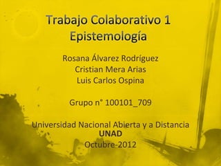 Rosana Álvarez Rodríguez
           Cristian Mera Arias
           Luis Carlos Ospina

          Grupo n° 100101_709

Universidad Nacional Abierta y a Distancia
                 UNAD
             Octubre-2012
 