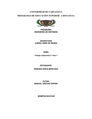 UNIVERSIDAD DE CARTAGENA
PROGRAMAS DE EDUCACIÓN SUPERIOR A DISTANCIA
PROGRAMA
INGENIERÍA DE SISTEMAS
ASIGNATURA
CURSO LIBRE DE REDES
TEMA:
Trabajo colaborativo 1 fase 1
ESTUDIANTE:
ADRIANA SOFIA MERCADO
TUTOR:
MANUEL URECHE OSPINO
MOMPOX BOLÍVAR
 