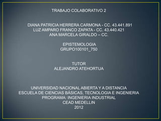 TRABAJO COLABORATIVO 2


   DIANA PATRICIA HERRERA CARMONA - CC. 43.441.891
      LUZ AMPARO FRANCO ZAPATA - CC. 43.440.421
             ANA MARCELA GIRALDO – CC.

                   EPISTEMOLOGIA
                  GRUPO100101_750


                      TUTOR
               ALEJANDRO ATEHORTUA



    UNIVERSIDAD NACIONAL ABIERTA Y A DISTANCIA
ESCUELA DE CIENCIAS BÁSICAS, TECNOLOGIA E INGENIERIA
         PROGRAMA: INGENIERIA INDUSTRIAL
                   CEAD MEDELLIN
                        2012
 