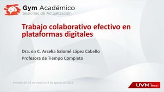 Trabajo colaborativo efectivo en
plataformas digitales
Dra. en C. Arcelia Salomé López Cabello
Profesora de Tiempo Completo
Periodo del 23 de mayo al 18 de agosto de 2023
 