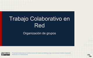 Trabajo Colaborativo en
Red
Organización de grupos

Propiedad Intelectual por Cristina Arroyo de Castro se distribuye bajo una Licencia Creative Commons
Atribución 4.0 Internacional.

 