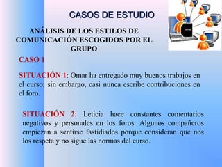 CASOS DE ESTUDIO 
ANÁLISIS DE LOS ESTILOS DE 
COMUNICACIÓN ESCOGIDOS POR EL 
GRUPO 
CASO 1 
SITUACIÓN 1: Omar ha entregado muy buenos trabajos en 
el curso; sin embargo, casi nunca escribe contribuciones en 
el foro. 
SITUACIÓN 2: Leticia hace constantes comentarios 
negativos y personales en los foros. Algunos compañeros 
empiezan a sentirse fastidiados porque consideran que nos 
los respeta y no sigue las normas del curso. 
 