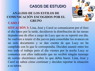 CASOS DE ESTUDIO 
ANÁLISIS DE LOS ESTILOS DE 
COMUNICACIÓN ESCOGIDOS POR EL 
GRUPO 
CASO 2 
SITUACIÓN 3: Lina, José y Carol se comunicaron por el foro 
el día lunes por la tarde, decidieron la distribución de las tareas 
dejando una de ellas a cargo de Lucy que no se reportó ese día. 
Se vuelven a reunir el día jueves para consolidar los avances en 
un solo documento y se dan cuenta de que Lucy no ha 
cumplido con lo que le correspondía. Deciden asumir entre los 
tres todo el trabajo pero el día viernes por la noche Lucy se 
comunica con ellos indicando que no recibió ningún mensaje 
de correo electrónico sobre lo que debía hacer. Lina, José y 
Carol no saben cómo continuar y deciden reportar la situación 
a su tutora. 
 