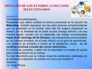 MENSAJES DE LOS TUTORES A LOS CASOS 
SELECCIONADOS 
Situación 2 
Estimado(a)s participantes, 
Recuerden que deben analizar la lectura propuesta en la sección de 
Materiales, también apoyarse con las otras lecturas complementarias 
que se presentan en la unidad, para ello les sugiero programar su 
tiempo, con la finalidad de no tener mucha recarga laboral y de esa 
manera logren cumplir con el desarrollo del trabajo encomendado 
hasta el día domingo 26 de Octubre. Las indicaciones se encuentran 
en los correos enviados, en el aula virtual y en la guía de aprendizaje. 
Los archivos se enviarán a través de la plataforma virtual, no se 
recibirán archivos a través del correo electrónico. 
En el foro de consultas y tablón les he adjuntado un modelo de ayuda 
para la presentación de su trabajo. 
Es muy importante que su trabajo tenga las evidencias, solicitadas en 
la rúbrica de evaluación de análisis de casos del módulo III 
Saludos, 
Lic. Hugo Rivera 
 