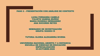 PASO 2 – PRESENTACIÓN CON ANÁLISIS DE CONTEXTO
LUISA FERNANDA CAMELO
YULIETH VANESA MUÑOZ
MARIA EUGENIA HERNANDEZ
ANA SOCORRO REYES
SEMINARIO DE INVESTIGACIÓN
GRUPO: 502005-15
TUTORA: GLORIA ALEXANDRA RIVERA
UNIVERSIDA NACIONAL ABIERTA Y A DISTANCIA
ESCUELA DE CIENCIAS EN EDUCACIÓN
ESPECIALIZACIÓN
03-OCTUBRE-2020
 