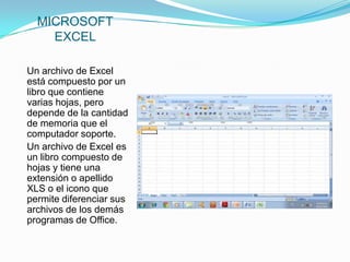 MICROSOFT
    EXCEL

Un archivo de Excel
está compuesto por un
libro que contiene
varias hojas, pero
depende de la cantidad
de memoria que el
computador soporte.
Un archivo de Excel es
un libro compuesto de
hojas y tiene una
extensión o apellido
XLS o el icono que
permite diferenciar sus
archivos de los demás
programas de Office.
 