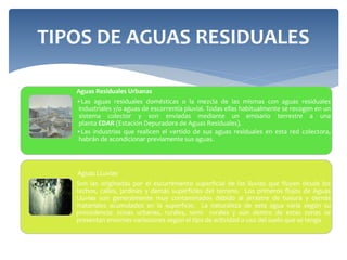 TIPOS DE AGUAS RESIDUALES
Aguas Residuales Urbanas
•Las aguas residuales domésticas o la mezcla de las mismas con aguas residuales
industriales y/o aguas de escorrentía pluvial. Todas ellas habitualmente se recogen en un
sistema colector y son enviadas mediante un emisario terrestre a una
planta EDAR (Estación Depuradora de Aguas Residuales).
•Las industrias que realicen el vertido de sus aguas residuales en esta red colectora,
habrán de acondicionar previamente sus aguas.
Aguas LLuvias
Son las originadas por el escurrimiento superficial de las lluvias que fluyen desde los
techos, calles, jardines y demás superficies del terreno. Los primeros flujos de Aguas
Lluvias son generalmente muy contaminados debido al arrastre de basura y demás
materiales acumulados en la superficie. La naturaleza de esta agua varía según su
procedencia: zonas urbanas, rurales, semi rurales y aún dentro de estas zonas se
presentan enormes variaciones según el tipo de actividad o uso del suelo que se tenga
 