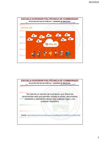 30/5/2018
3
5
OFFICE 365
6
Se trata de un servicio de suscripción que ofrece las
herramientas web que permiten acceso a correo, documentos,
contactos y calendarios desde casi cualquier lugar y con
cualquier dispositivo.
Fuente: https://blogs.technet.microsoft.com/microsoftlatam/2011/05/05/qu-es-office-365/
 
