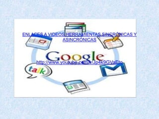 ENLACES A VIDEOS HERRAMIENTAS SINCRÓNICAS Y
ASINCRÓNICAS
http://www.youtube.com/v/Jp4k9GVaEto
 
