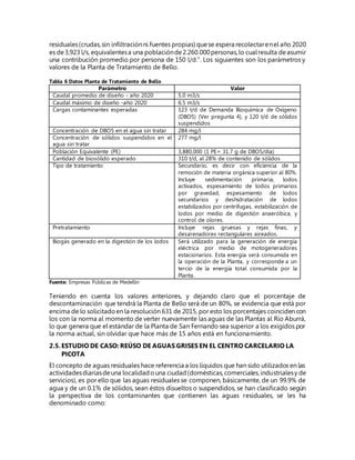 residuales(crudas,sin infiltraciónni fuentes propias) quese espera recolectarenel año 2020
es de3,923 l/s, equivalentesa una poblaciónde2.260.000personas,lo cualresulta deasumir
una contribución promedio por persona de 150 l/d.”. Los siguientes son los parámetros y
valores de la Planta de Tratamiento de Bello.
Tabla 6 Datos Planta de Tratamiento de Bello
Parámetro Valor
Caudal promedio de diseño - año 2020 5.0 m3/s
Caudal máximo de diseño -año 2020 6.5 m3/s
Cargas contaminantes esperadas 123 t/d de Demanda Bioquímica de Oxígeno
(DBO5) (Ver pregunta 4), y 120 t/d de sólidos
suspendidos
Concentración de DBO5 en el agua sin tratar 284 mg/l
Concentración de sólidos suspendidos en el
agua sin tratar
277 mg/l
Población Equivalente (PE) 3,880,000 (1 PE= 31.7 g de DBO5/día)
Cantidad de biosólido esperado 310 t/d, al 28% de contenido de sólidos
Tipo de tratamiento Secundario, es decir con eficiencia de la
remoción de materia orgánica superior al 80%.
Incluye sedimentación primaria, lodos
activados, espesamiento de lodos primarios
por gravedad, espesamiento de lodos
secundarios y deshidratación de lodos
estabilizados por centrífugas, estabilización de
lodos por medio de digestión anaeróbica, y
control de olores.
Pretratamiento Incluye rejas gruesas y rejas finas, y
desarenadores rectangulares aireados.
Biogás generado en la digestión de los lodos Será utilizado para la generación de energía
eléctrica por medio de motogeneradores
estacionarios. Esta energía será consumida en
la operación de la Planta, y corresponde a un
tercio de la energía total consumida por la
Planta.
Fuente: Empresas Públicas de Medellín
Teniendo en cuenta los valores anteriores, y dejando claro que el porcentaje de
descontaminación que tendrá la Planta de Bello será de un 80%, se evidencia que está por
encima de lo solicitadoen la resolución 631 de 2015, por esto los porcentajes coinciden con
los con la norma al momento de verter nuevamente las aguas de las Plantas al Río Aburrá,
lo que genera que el estándar de la Planta de San Fernando sea superior a los exigidos por
la norma actual, sin olvidar que hace más de 15 años está en funcionamiento.
2.5.ESTUDIO DE CASO: REÚSO DE AGUAS GRISES EN EL CENTRO CARCELARIO LA
PICOTA
El concepto de aguas residuales hace referencia a los líquidos que han sido utilizados en las
actividadesdiariasdeuna localidadouna ciudad(domésticas,comerciales,industrialesy de
servicios), es por ello que las aguas residuales se componen, básicamente, de un 99.9% de
agua y de un 0.1% de sólidos, sean éstos disueltos o suspendidos, se han clasificado según
la perspectiva de los contaminantes que contienen las aguas residuales, se les ha
denominado como:
 