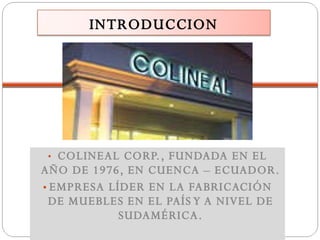 COLINEAL CORP., FUNDADA EN EL AÑO DE 1976, EN CUENCA – ECUADOR. EMPRESA LÍDER EN LA FABRICACIÓN DE MUEBLES EN EL PAÍS Y A NIVEL DE SUDAMÉRICA. INTRODUCCION 