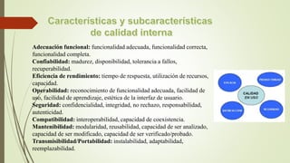 Adecuación funcional: funcionalidad adecuada, funcionalidad correcta,
funcionalidad completa.
Confiabilidad: madurez, disponibilidad, tolerancia a fallos,
recuperabilidad.
Eficiencia de rendimiento: tiempo de respuesta, utilización de recursos,
capacidad.
Operabilidad: reconocimiento de funcionalidad adecuada, facilidad de
uso, facilidad de aprendizaje, estética de la interfaz de usuario.
Seguridad: confidencialidad, integridad, no rechazo, responsabilidad,
autenticidad.
Compatibilidad: interoperabilidad, capacidad de coexistencia.
Mantenibilidad: modularidad, reusabilidad, capacidad de ser analizado,
capacidad de ser modificado, capacidad de ser verificado/probado.
Transmisibilidad/Portabilidad: instalabilidad, adaptabilidad,
reemplazabilidad.
 