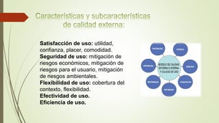 Satisfacción de uso: utilidad,
confianza, placer, comodidad.
Seguridad de uso: mitigación de
riesgos económicos, mitigación de
riesgos para el usuario, mitigación
de riesgos ambientales.
Flexibilidad de uso: cobertura del
contexto, flexibilidad.
Efectividad de uso.
Eficiencia de uso.
 