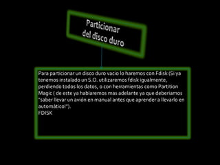 Para particionar un disco duro vacio lo haremos con Fdisk (Si ya
tenemos instalado un S.O. utilizaremos fdisk igualmente,
perdiendo todos los datos, o con herramientas como Partition
Magic ( de este ya hablaremos mas adelante ya que deberiamos
"saber llevar un avión en manual antes que aprender a llevarlo en
automático!").
FDISK
 