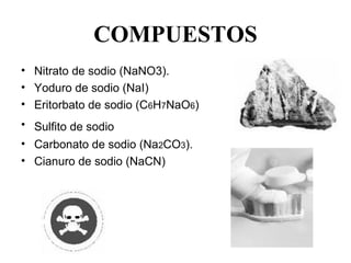 COMPUESTOS
• Nitrato de sodio (NaNO3).
• Yoduro de sodio (NaI)
• Eritorbato de sodio (C6H7NaO6) 
• Sulfito de sodio
• Carbonato de sodio (Na2CO3).
• Cianuro de sodio (NaCN)
 