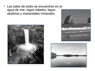 • Las sales de sodio se encuentran en el 
  agua de mar, lagos salados, lagos 
  alcalinos y manantiales minerales.
 