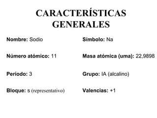 CARACTERÍSTICAS
               GENERALES
Nombre: Sodio                 Símbolo: Na 


Número atómico: 11            Masa atómica (uma): 22,9898 


Período: 3                    Grupo: IA (alcalino)


Bloque: s (representativo)    Valencias: +1
 