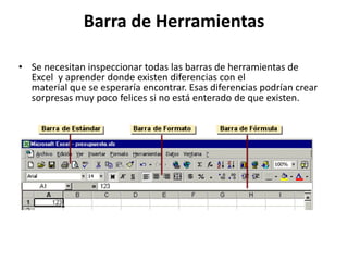 Barra de Herramientas
• Se necesitan inspeccionar todas las barras de herramientas de
Excel y aprender donde existen diferencias con el
material que se esperaría encontrar. Esas diferencias podrían crear
sorpresas muy poco felices si no está enterado de que existen.
 