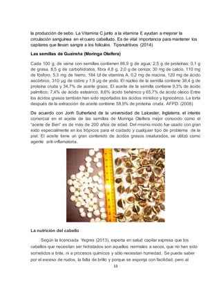 13
la producción de sebo. La Vitamina C junto a la vitamina E ayudan a mejorar la
circulación sanguínea en el cuero cabelludo. Es de vital importancia para mantener los
capilares que llevan sangre a los folículos. Tipsnutritivos (2014)
Las semillas de Guaireña (Moringa Oleífera)
Cada 100 g, de vaina con semillas contienen 86,9 g de agua; 2,5 g de proteínas; 0,1 g
de grasa, 8,5 g de carbohidratos, fibra 4,8 g, 2,0 g de ceniza; 30 mg de calcio, 110 mg
de fósforo, 5,3 mg de hierro, 184 UI de vitamina A, 0,2 mg de niacina, 120 mg de ácido
ascórbico, 310 µg de cobre y 1,8 µg de yodo. El núcleo de la semilla contiene 38,4 g de
proteína cruda y 34,7% de aceite graso. El aceite de la semilla contiene 9,3% de ácido
palmítico, 7,4% de ácido esteárico, 8,6% ácido behénico y 65,7% de ácido oleico Entre
los ácidos grasos también han sido reportados los ácidos mirístico y lignocérico. La torta
después de la extracción de aceite contiene 58,9% de proteína cruda. AFPD. (2008)
De acuerdo con Jonh Sutherland de la universidad de Laícester, Inglaterra, el interés
comercial en el aceite de las semillas de Moringa Oleífera mejor conocido como el
“aceite de Ben” es de más de 200 años de edad. Del mismo modo fue usado con gran
éxito especialmente en los trópicos para el cuidado y cualquier tipo de problema de la
piel. El aceite tiene un gran contenido de ácidos grasos insaturados, se utilizó como
agente anti-inflamatoria.
La nutrición del cabello
Según la licenciada Yegres (2013), experta en salud capilar expresa que los
cabellos que necesitan ser hidratados son aquellos normales a secos, que no han sido
sometidos a tinte, ni a procesos químicos y sólo necesitan humedad. Se puede saber
por el exceso de nudos, la falta de brillo y porque se esponja con facilidad, pero al
 