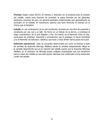 15
Champú Según López (2012), El champú o shampoo es un producto para el cuidado
del cabello, usado para limpiarlo de suciedad, la grasa formada por las glándulas
sebáceas, escamas de piel y en general partículas contaminantes que gradualmente se
acumulan en el cabello. El mecanismo químico que hace funcionar el champú es el
mismo que el del jabón.
Cabello es una continuación de la piel carnificada, formada por una fibra de queratina y
constituida por una raíz y un tallo. Se forma en un folículo de la dermis, y constituye el
rasgo característico de la piel delgada o fina. Así mismo es el filamento unido al cutis,
compuesto de proteínas, Queratina y aminoácidos que lo protegen, lo hacen resistente
y es el filamento de estructura cilíndrica que nace y crece dentro de los poros de la piel.
Definición operacional: Esta se encuentra determinada por como el champú a base
de semillas de Guaireña (Moringa Oleífera) siendo la variable independiente influye en
la variable dependiente que es la nutrición del cabello puesto que la Guaireña (Moringa
Oleífera) en el shampoo de Moringa posee múltiples propiedades que son beneficios
para la salud del cabello ya que este aporta vitaminas que contribuyen con la sedosidad
y brillo del cabello.
 
