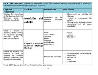 16
OBJETIVO GENERAL: Elaborar un shampoo a base de Guaireña (Moringa Oleífera) para la nutrición y
crecimiento del cabello en el municipio San Francisco
Objetivos
específicos
Variable Dimensiones Indicadores
Estudiar los beneficios
de la Guaireña (Moringa
Oleífera) para la
nutrición del cabello
Nutrición del
cabello
Beneficios de la
Guaireña (Moringa
Oleífera)
 Disminución de pérdida del
Cabello.
 Impide la resequedad del
cabello.
 Mejoramiento de la circulación
sanguínea por el cuero
cabelludo.
Crear y aplicar un
champú a base semillas
de Guaireña (Moringa
Oleífera) para la
nutrición del cabello.
Champú a base de
Guaireña (Moringa
Oleífera)
Agua
Jabón neutro
Semillas
Hojas
Glicerina
Ácido Bórico
Ácido cítrico
 Crear
 Aplicar
 Resultados
Probar la eficacia del
champú a base de
semillas de Guaireña
(Moringa Oleífera) para
la nutrición del cabello
Eficacia del producto
 Levantamiento de la suciedad
del cabello
 Hidratación
 Brillo
 Sedosidad
Fuente (2016): Cuenca; Chacín; Pérez; Pineda; Ríos; Rodríguez; Velazco.
 