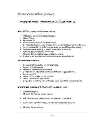 25
DESCRIPCIÓN DEL MÉTODO MEJORADO
Descripción Analítica (PASOS PARA EL ALMACENAMIENTO)
RECEPCIÓN: responsabilidades que incluye.
 Producción Se almacena la producción.
 Planta Física.
 Administración.
 Recepción de todas las materias primas.
 Se necesita el Almacén de Entrada, Almacén de Salidas y las Expediciones.
 Se necesita la Oficina de Producción y por último el Material de Manejo.
 Obtenemos el material y lo tenemos que llevar al almacén.
 Almacén de Entrada para producción.
 Almacén de Salida para servir el stock necesario.
 Expediciones aquellos movimientos hasta que llega al cliente.
Actividad de Recepción
 Descargar el material de los transportistas.
 Desempacar el material
 Identificar y seleccionar el material.
 Comprobar los albaranes del transportista con lo que recibimos.
 Comprobación.
 Anotar daños y defectos del material.
 Llevar los controles adecuados.
 Despachar el material para el área de uso o estantería correspondiente
ALMACENAR CUALQUIER PRODUCTO HASTA SU USO:
 Durante la llegada.
 Almacén de material primas y partes
 M.P. normalmente requieren una transformación posterior.
 Partes estos son Productos Acabados como motores, pinturas.
 Almacén de suministros
 