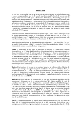 ! 13!
ENERO!2014!
!
En!este!mes!es!de!reseñar!que!varias!series!y!programas!terminan!su!emisión!dando!paso!
a!nuevos!programas.!Es!el!caso!de!Me'resbala'(que!da!paso!a'El'peliculón'de!los!viernes)',!El'
tiempo' entre' costuras! dando! paso! a! El' Corazón' del' Océano! y! Masterchef' Junior! que! se!
sustituye!por!¡Mira'quien'baila!.!!El!share!más!alto!de!todos!los!días!del!mes!de!enero!se!lo!
lleva!Antena!3!con!El'tiempo'entre'costuras!y!un!27’8%!el!lunes!20!de!enero.!El!segundo!en!
la!lista!es!el!penúltimo!capítulo!de!la!temporada!de!El'tiempo'entre'costuras'emitido!el!día!
13!de!enero!con!un!25’2%!del!share!seguido!de!El'peliculón'de!Antena!3'Piratas'del'Caribe'
en'mareas'misteriosas'con!un!25%!de!share.!El!resto!del!share!está!repartido!entre!Antena!
3!y!Telecinco!exclusivamente!excepto!un!día!(19!de!enero)!que!se!lleva!el!prime!time!la!
película!de!TVE!Venganza.!!
!
El!share!acumulado!del!mes!de!enero!es!en!primer!lugar!y!como!cadena!con!mayor!share!
en!audiencia!es!Antena!3!con!un!14’1%!de!media,!le!sigue!Telecinco!con!un!13,3%;!TVE!
con!10,4%,!Cuatro!con!6’2%!y!La!Sexta!con!6’4%.!Con!esto,!los!programas/series!que!más!
veces!han!sido!prime!time!y!tienen!una!media!más!alta!de!share!son:!!
!
Los!días!con!más!audiencia!de!media!en!este!mes!son!lunes!(23’6%),!miércoles!(19’5%),!
jueves! (19’2%),! domingo! (17’2%),! viernes! (16’5%),! Martes! (16’3%)! y! Sábado! (14,5%).!!
Por!días!de!la!semana!podemos!destacar!lo!siguiente:!!
!
Lunes:! El! prime! time! de! los! lunes! de! este! mes! lo! consigue! El' Tiempo' entre' Costuras!
(Antena!3)!con!un!27’8%!el!día!20!siendo!el!último!episodio!de!la!primera!temporada.!Le!
sigue!el!penúltimo!episodio!de!la!temporada!de!El'tiempo'entre'Costuras!coincidiendo!con!
la!vuelta!a!la!emisión!después!de!navidades!con!un!25’2%!(13!enero).!El!último!programa!
de!la!gala!4!de!Masterchef'Junior!consigue!un!21’7%!el!día!6!de!enero.!En!último!puesto!lo!
consigue!La'que'se'avecina!de!Telecinco!con!un!19’9%.!Una!media!del!share!de!los!lunes!en!
este!mes!es!de!un!23’6%.!Que!decir!tiene!que!El'tiempo'entre'Costuras!es!sustituida!por!El'
Corazón'del'Océano!(miniserie)!y!más!tarde!!por!Velvet.!Por!su!parte,!Masterchef'junior!es!
sustituida!por!¡Mira'quien'baila¡.!
!
Martes:!El!prime!time!de!los!martes!lo!consigue!la!nueva!serie!Bienvenidos!al!Lolitas!de!
Antena!3!que!consigue!en!su!primer!capítulo!emitido!el!7!de!enero!un!18’4%!del!share,!en!
su!segundo!capítulo!un!17’5%!(14!de!enero)!y!el!tercero!un!15’6%!(21!de!enero).!El!día!28!
de!enero!El!Hormiguero!consigue!quitarle!el!prime!time!(14%)!a!Bienvenidos!al!Lolitas!
con! la! visita! de! Mireia! Belmonte,! la! mejor! nadadora! española! de! todos! los! tiempos.! La!
media!de!este!mes!es!de!16’3%.!!!
!
Miércoles:!El!share!más!alto!de!los!miércoles!en!este!mes!lo!consigue!la!película!emitida!
por!Antena!3!‘Piratas'del'caribe'en'mareas'misteriosas’’'(2011)!con!un!25%!de!cuota!de!
pantalla!el!miércoles!1!de!enero!día!posterior!a!la!entrada!del!nuevo!año!2014.!Le!siguen!
los!partidos!de!Antena!3!con!el!LevanteTBarcelona!el!día!22!de!enero!(22,8%!share),!el!día!
8!de!enero!el!partido!jugado!por!BarcelonaTGetafe!(18,4%!de!share)!y!finalmente!el!29!de!
enero! por! BarcelonaTLevante! (18,2%! de! share).! En! último! lugar! se! encuentra! Comando'
actualidad! ‘’vivir! de! la! calle’’! con! un! 13,5%! de! share.! Se! puede! concluir! que! 3! de! los! 5!
miércoles! del! mes! de! enero! son! conseguidos! en! prime! time! por! Antena! 3! gracias! a! los!
partidos!de!fútbol!de!primera!división!emitidos!los!miércoles!entorno!a!las!22:00!de!la!
noche.!Así,!!este!día!de!la!semana!mantiene!un!share!medio!de!19,5%!entorno!al!prime!
time!de!las!22:00!horas.!!
!
Jueves:!La!noche!de!los!jueves!se!lleva!el!prime!time!Cuéntame!de!TVE!con!una!media!de!
share! del! 18,9%! debido! también! al! estreno! de! su! 15ª! temporada! el! día! 16! de! enero!
consiguiendo!un!20,7%!en!el!primer!capítulo!de!esta!nueva!temporada.!Los!días!23!y!30!de!
 