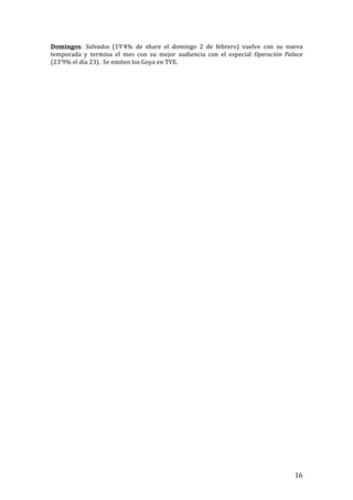 ! 16!
Domingos:! Salvados' (19’4%! de! share! el! domingo! 2! de! febrero)! vuelve! con! su! nueva!
temporada! y! termina! el! mes! con! su! mejor! audiencia! con! el! especial! Operación' Palace!
(23’9%!el!día!23).!!Se!emiten!los!Goya!en!TVE.!
!
!
!
!
!
!
!
!
!
!
!
!
!
!
!
!
!
!
!
!
!
!
!
!
!
!
!
!
!
!
!
!
!
!
!
!
!
!
!
!
!
!
!
!
!
!
!
!
!
!
!
 