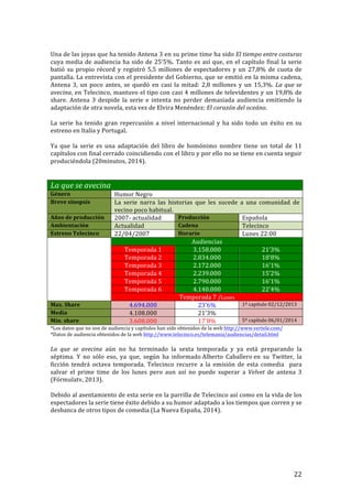 ! 22!
!
Una!de!las!joyas!que!ha!tenido!Antena!3!en!su!prime!time!ha!sido!El'tiempo'entre'costuras!
cuya!media!de!audiencia!ha!sido!de!25’5%.!Tanto!es!así!que,!en!el!capítulo!final!la!serie!
batió!su!propio!récord!y!registró!5,5!millones!de!espectadores!y!un!27,8%!de!cuota!de!
pantalla.!La!entrevista!con!el!presidente!del!Gobierno,!que!se!emitió!en!la!misma!cadena,!
Antena!3,!un!poco!antes,!se!quedó!en!casi!la!mitad:!2,8!millones!y!un!15,3%.!La'que'se'
avecina,!en!Telecinco,!mantuvo!el!tipo!con!casi!4!millones!de!televidentes!y!un!19,8%!de!
share.! Antena! 3! despide! la! serie! e! intenta! no! perder! demasiada! audiencia! emitiendo! la!
adaptación!de!otra!novela,!esta!vez!de!Elvira!Menéndez:!El'corazón'del'oceáno.!
!
La!serie!ha!tenido!gran!repercusión!a!nivel!internacional!y!ha!sido!todo!un!éxito!en!su!
estreno!en!Italia!y!Portugal.!!
!
Ya! que! la! serie! es! una! adaptación! del! libro! de! homónimo! nombre! tiene! un! total! de! 11!
capítulos!con!final!cerrado!coincidiendo!con!el!libro!y!por!ello!no!se!tiene!en!cuenta!seguir!
produciéndola!(20minutos,!2014).!
!
!
La'que'se'avecina''
Género! Humor!Negro!
Breve!sinopsis! La! serie! narra! las! historias! que! les! sucede! a! una! comunidad! de!
vecino!poco!habitual.!
Años!de!producción! 2007T!actualidad! Producción! Española!
Ambientación! Actualidad! Cadena! Telecinco!
Estreno!Telecinco! 22/04/2007! Horario! Lunes!22:00!
! Audiencias!
Temporada!1! 3.158.000! 21’3%!
Temporada!2! 2.834.000! 18’8%!
Temporada!3! 2.172.000! 16’1%!
Temporada!4! 2.239.000! 15’2%!
Temporada!5! 2.790.000! 16’1%!
Temporada!6! 4.140.000! 22’4%!
Temporada!7!/Lunes!
Max.!Share! 4.694.000! 23’6%! 1º!capitulo!02/12/2013!!
Media! 4.108.000! 21’3%! !
Min.!share! 3.608.000! 17’8%! 5º!capítulo!06/01/2014!
*Los!datos!que!no!son!de!audiencia!y!capítulos!han!sido!obtenidos!de!la!web!http://www.vertele.com/!
*Datos!de!audiencia!obtenidos!de!la!web!http://www.telecinco.es/telemania/audiencias/detail.html!
!
La' que' se' avecina! aún! no! ha! terminado! la! sexta! temporada! y! ya! está! preparando! la!
séptima.! Y! no! sólo! eso,! ya! que,! según! ha! informado!Alberto! Caballero!en! su! Twitter,! la!
ficción! tendrá! octava! temporada.! Telecinco! recurre! a! la! emisión! de! esta! comedia! ! para!
salvar! el! prime! time! de! los! lunes! pero! aun! así! no! puede! superar! a! Velvet' de! antena! 3!
(Fórmulatv,!2013).!!
!
Debido!al!asentamiento!de!esta!serie!en!la!parrilla!de!Telecinco!así!como!en!la!vida!de!los!
espectadores!la!serie!tiene!éxito!debido!a!su!humor!adaptado!a!los!tiempos!que!corren!y!se!
desbanca!de!otros!tipos!de!comedia!(La!Nueva!España,!2014).!
!
!
!
!
!
 
