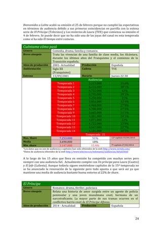 ! 24!
!
Bienvenidos'a'Lolita!acabó!su!emisión!el!25!de!febrero!porque!no!cumplió!las!expectativas!
en!términos!de!audiencia!debido!a!sus!primeras!coincidencias!en!parrilla!con!la!exitosa!
serie!de!El'Príncipe!(Telecinco)!y!Los'misterios'de'Laura!(TVE)!que!comienza!su!emisión!el!
4!de!febrero.!Se!puede!decir!que!no!ha!sido!una!de!las!joyas!del!canal!en!esta!temporada!
como!sí!ha!sido!El'tiempo'entre'costuras.!!
!
Cuéntame'cómo'pasó''
Género! Comedia,!drama,!familia!y!romance.!
Breve!sinopsis! Trata! las! vivencias! de! una! familia! de! clase! media,! los! Alcántara,!
durante! los! últimos! años! del! Franquismo! y! el! comienzo! de! la!
Transición!española.!
Años!de!producción! 2001T!Actualidad! Producción! Española!
Ambientación! Siglo!XX!
(Franquismo)!
Cadena! TVE!
Estreno!! 13/09/2001! Horario! Jueves!22:30!
! Audiencias!
Temporada!1! 5.513.000! 33,6%!
Temporada!2!! 6.416.000! 38’1%!
Temporada!3!! 6.732.000! 42%!
Temporada!4!! 6.795.000! 39’1%!
Temporada!5!! 5.250.000! 31%!
Temporada!6!! 5.856.000! 32’4%!
Temporada!7!! 4.968.000! 27’8%!
Temporada!8!! 4.780.000! 27’2%!
Temporada!9!! 3.665.000! 21’1%!
Temporada!10!! 4.281.000! 24’1%!
Temporada!11!! 4.071.000! 22%!
Temporada!12!! 4.722.000! 23’8%!
Temporada!13!! 4.547.000! 22’7%!
Temporada!14! 4.101.000! 20’5%!
Temporada!!15!
Max.!Share! 7.253.000! 51%! 12ª!capítulo!03/04/2014!
Media! 3.690.000! 18%! !
Min.!share! 3.147.000! 15.4%! 7ª!capítulo!27/02/2014!
*Los!datos!que!no!son!de!audiencia!y!capítulos!han!sido!obtenidos!de!la!web!http://www.vertele.com/!
*Datos!de!audiencia!obtenidos!de!la!web!http://www.telecinco.es/telemania/audiencias/detail.html!
!
A! lo! largo! de! los! 15! años! que! lleva! en! emisión! ha! competido! con! muchas! series! pero!
siempre!con!una!audiencia!fiel.!!Actualmente!compite!con!Un'príncipe'para'Laura!(Cuatro)!
y!El'Jefe!(LaSexta).!Aunque!todavía!siguen!emitiéndose!capítulos!de!la!15ª!temporada!no!
se! ha! anunciado! la! renovación! de! la! siguiente! pero! todo! apunta! a! que! será! así! ya! que!
mantiene!una!media!de!audiencia!bastante!buena!entorno!al!22%!de!share.!!
!
!
El'Príncipe''
Género! Romance,!drama,!thriller,!policíaca!
Breve!sinopsis! Relata! una! historia! de! amor! surgida! entre! un! agente! de! policía!
peninsular! y! una! joven! musulmana! ceutí,! hermana! de! un!
narcotraficante.! La! mayor! parte! de! sus! tramas! ocurren! en! el!
conflictivo!barrio!ceutí!de!El'Príncipe'Alfonso.!
Años!de!producción! 2014!T!Actualidad! Producción! Española!
 