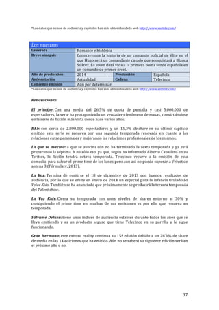 ! 37!
*Los!datos!que!no!son!de!audiencia!y!capítulos!han!sido!obtenidos!de!la!web!http://www.vertele.com/!
!
!
Los'nuestros!!
Género/s! Romance!e!histórica!
Breve!sinopsis! Conoceremos!la!historia!de!un!comando!policial!de!élite!en!el!
que!Hugo!será!un!comandante!casado!que!conquistará!a!Blanca!
Suárez.!La!joven!dará!vida!a!la!primera!boina!verde!española!en!
un!comando!de!primer!nivel.!
Año!de!producción! 2014! Producción! Española!
Ambientación! Actualidad! Cadena! Telecinco!
Comienzo!emisión!! Aún!por!determinar!
*Los!datos!que!no!son!de!audiencia!y!capítulos!han!sido!obtenidos!de!la!web!http://www.vertele.com/!
!
Renovaciones:!!
!
El! príncipe:!Con! una! media! del! 26,5%! de! cuota! de! pantalla! y! casi! 5.000.000! de!
espectadores,!la!serie!ha!protagonizado!un!verdadero!fenómeno!de!masas,!convirtiéndose!
en!la!serie!de!ficción!más!vista!desde!hace!varios!años.!!
B&b:!con! cerca! de! 2.800.000! espectadores! y! un! 15,3%! de!share!en! su! último! capítulo!
emitido! esta! serie! se! renueva! por! una! segunda! temporada! renovada! en! cuanto! a! las!
relaciones!entre!personajes!y!mejorando!las!relaciones!profesionales!de!los!mismos.!!
La!que!se!avecina:!a!que!se!avecina!aún!no!ha!terminado!la!sexta!temporada!y!ya!está!
preparando!la!séptima.!Y!no!sólo!eso,!ya!que,!según!ha!informado!Alberto!Caballero!en!su!
Twitter,! la! ficción! tendrá! octava! temporada.! Telecinco! recurre! a! la! emisión! de! esta!
comedia!!para!salvar!el!prime!time!de!los!lunes!pero!aun!así!no!puede!superar!a!Velvet!de!
antena!3!(Fórmulatv,!2013).!
La! Voz:!Termina! de! emitirse! el! 18! de! diciembre! de! 2013! con! buenos! resultados! de!
audiencia,!por!lo!que!se!emite!en!enero!de!2014!un!especial!para!la!infancia!titulado!La'
Voice'Kids.!También!se!ha!anunciado!que!próximamente!se!producirá!la!tercera!temporada!
del!Talent'show.!
La! Voz! Kids:!Cierra! su! temporada! con! unos! niveles! de! shares! entorno! al! 30%! y!
consiguiendo! el! prime! time! en! muchas! de! sus! emisiones! es! por! ello! que! renueva! en!
temporada.!
Sálvame!Deluxe:!tiene!unos!índices!de!audiencia!estables!durante!todos!los!años!que!se!
lleva! emitiendo! y! es! un! producto! seguro! que! tiene! Telecinco! en! su! parrilla! y! le! sigue!
funcionando.!!
Gran!Hermano:!este!exitoso!reality!continua!su!15ª!edición!debido!a!un!28'6%!de!share!
de!media!en!las!14!ediciones!que!ha!emitido.!Aún!no!se!sabe!si!su!siguiente!edición!será!en!
el!próximo!año!o!no.!!
!
!
!
!
 