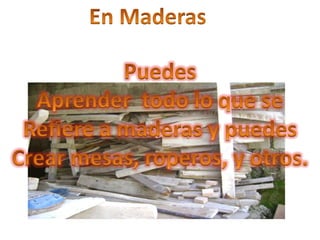 En Maderas PuedesAprender  todo lo que seRefiere a maderas y puedes Crear mesas, roperos, y otros.