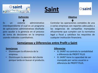 Saint
Definición
Es un sistema administrativo
interdependiente el cual es un programa
de aplicaciones administrativas diseñado
para ayudar a la gerencia en el proceso
de toma de decisiones en la empresa
usando métodos cuantitativos.
Objetivo
Controlar las operaciones contables de una
o varias empresas con reportes adecuados a
las exigencias de compañías manejadas
eficazmente que cumplen con la normativa
legal y fiscal y satisface los requisitos de
cualquier institución financiera.
Semejanzas y Diferencias entre Profit y Saint
Semejanzas
• Disminuyen la eficiencia de la
empresa.
• Disminuyen la atención del cliente
porque tarda en buscar el producto.
Diferencias
• EL SAINT no controla la contabilidad
a diferencia de PROFIT PLUS
• EL SAINT tiene la capacidad de ser
manejado por varios usuarios a
diferencia de PROFIT PLUS.
 