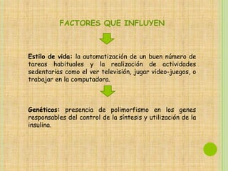 FACTORES QUE INFLUYEN



Estilo de vida: la automatización de un buen número de
tareas habituales y la realización de actividades
sedentarias como el ver televisión, jugar video-juegos, o
trabajar en la computadora.



Genéticos: presencia de polimorfismo en los genes
responsables del control de la síntesis y utilización de la
insulina.
 