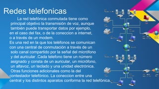 Redes telefonicas 
La red telefónica conmutada tiene como 
principal objetivo la transmisión de voz, aunque 
también puede transportar datos por ejemplo, 
en el caso del fax, o de la coneccion a internet, 
o a través de un modem. 
Es una red en la que los teléfonos se comunican 
con una central de conmutación a través de un 
solo canal compartido por la señal del micrófono 
y del auricular .Cada telefono tiene un número 
asignado y consta de un auricular, un micrófono, 
un altavoz, un teclado y una unidad electrónica. 
Otras funciones adicionales como la del 
contestador telefónico. La coneccion entre una 
central y los distintos aparatos conforma la red telefónica. 
 