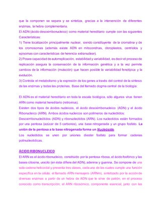 que la componen se separa y se sintetiza, gracias a la intervención de diferentes
enzimas, la hebra complementaria.
El ADN (ácido desoxirribonucleico) como material hereditario cumple con las siguientes
Características:
1) Tiene localización principalmente nuclear, siendo constituyente de la cromatina y de
los cromosomas (además existe ADN en mitocondrias, cloroplastos, centríolos y
episomas con características de herencia extranuclear).
2) Posee capacidad de autorreplicación, estabilidad y variabilidad, es decir el proceso de
replicación asegura la conservación de la información genética y a la vez permite
cambios de la información (mutación) que hacen posible la variabilidad fenotípica y la
evolución.
3) Controla el metabolismo y la expresión de los genes a través del control de la síntesis
de las enzimas y todas las proteínas. Base del llamado dogma central de la biología:
El ADN es el material hereditario en toda la escala biológica, sólo algunos virus tienen
ARN como material hereditario (retrovirus).
Existen dos tipos de ácidos nucleicos, el ácido desoxirribonucleico (ADN) y el ácido
Ribonucleico (ARN). Ambos ácidos nucleicos son polímeros de nucleótidos:
Desoxirribonucleótidos (ADN) y ribonucleotidos (ARN). Los nucleotidos están formados
por una pentosa (azúcar de 5 carbonos), una base nitrogenada y un grupo fosfato. La
unión de la pentosa a la base nitrogenada forma un Nucleósido.
Los nucleótidos se unen por uniones diester fosfato para formar cadenas
polinucleotidicas.
ÁCIDO RIBONUCLEICO
El ARN es el ácido ribonucleico, constituido por la pentosa ribosa, el ácido fosfórico y las
bases citosina, uracilo (en ésta difiere del ADN), adenina y guanina. Se compone de una
sola cadena helicoidal y presenta tres clases, cada una de las cuales cumple una función
específica en la célula: el llamado ARN mensajero (ARNm), sintetizado por la acción de
diversas enzimas a partir de un hebra de ADN que le sirve de patrón, en el proceso
conocido como transcripción; el ARN ribosómico, componente esencial, junto con las
 