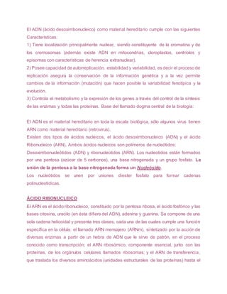 El ADN (ácido desoxirribonucleico) como material hereditario cumple con las siguientes
Características:
1) Tiene localización principalmente nuclear, siendo constituyente de la cromatina y de
los cromosomas (además existe ADN en mitocondrias, cloroplastos, centríolos y
episomas con características de herencia extranuclear).
2) Posee capacidad de autorreplicación, estabilidad y variabilidad, es decir el proceso de
replicación asegura la conservación de la información genética y a la vez permite
cambios de la información (mutación) que hacen posible la variabilidad fenotípica y la
evolución.
3) Controla el metabolismo y la expresión de los genes a través del control de la síntesis
de las enzimas y todas las proteínas. Base del llamado dogma central de la biología:
El ADN es el material hereditario en toda la escala biológica, sólo algunos virus tienen
ARN como material hereditario (retrovirus).
Existen dos tipos de ácidos nucleicos, el ácido desoxirribonucleico (ADN) y el ácido
Ribonucleico (ARN). Ambos ácidos nucleicos son polímeros de nucleótidos:
Desoxirribonucleótidos (ADN) y ribonucleotidos (ARN). Los nucleotidos están formados
por una pentosa (azúcar de 5 carbonos), una base nitrogenada y un grupo fosfato. La
unión de la pentosa a la base nitrogenada forma un Nucleósido.
Los nucleótidos se unen por uniones diester fosfato para formar cadenas
polinucleotidicas.
ÁCIDO RIBONUCLEICO
El ARN es el ácido ribonucleico, constituido por la pentosa ribosa, el ácido fosfórico y las
bases citosina, uracilo (en ésta difiere del ADN), adenina y guanina. Se compone de una
sola cadena helicoidal y presenta tres clases, cada una de las cuales cumple una función
específica en la célula: el llamado ARN mensajero (ARNm), sintetizado por la acción de
diversas enzimas a partir de un hebra de ADN que le sirve de patrón, en el proceso
conocido como transcripción; el ARN ribosómico, componente esencial, junto con las
proteínas, de los orgánulos celulares llamados ribosomas; y el ARN de transferencia,
que traslada los diversos aminoácidos (unidades estructurales de las proteínas) hasta el
 