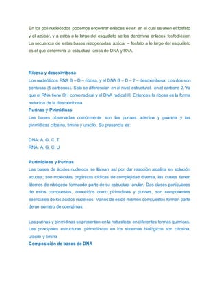 En los poli nucleótidos podemos encontrar enlaces éster, en el cual se unen el fosfato
y el azúcar, y a estos a lo largo del esqueleto se les denomina enlaces fosfodiéster.
La secuencia de estas bases nitrogenadas azúcar – fosfato a lo largo del esqueleto
es el que determina la estructura única de DNA y RNA.
Ribosa y desoxirribosa
Los nucleótidos RNA B – D – ribosa, y el DNA B – D – 2 – desoxirribosa. Los dos son
pentosas (5 carbonos). Solo se diferencian en el nivel estructural, en el carbono 2. Ya
que el RNA tiene OH como radical y el DNA radical H. Entonces la ribosa es la forma
reducida de la desoxirribosa.
Purinas y Pirimidinas
Las bases observadas comúnmente son las purinas adenina y guanina y las
pirimídicas citosina, timina y uracilo. Su presencia es:
DNA: A, G, C, T
RNA: A, G, C, U
Purimidinas y Purinas
Las bases de ácidos nucleicos se llaman así por dar reacción alcalina en solución
acuosa; son moléculas orgánicas cíclicas de complejidad diversa, las cuales tienen
átomos de nitrógeno formando parte de su estructura anular. Dos clases particulares
de estos compuestos, conocidos como pirimidinas y purinas, son componentes
esenciales de los ácidos nucleicos. Varios de estos mismos compuestos forman parte
de un número de coenzimas.
Las purinas y pirimidinas se presentan en la naturaleza en diferentes formas químicas.
Las principales estructuras pirimidínicas en los sistemas biológicos son citosina,
uracilo y timina
Composición de bases de DNA
 