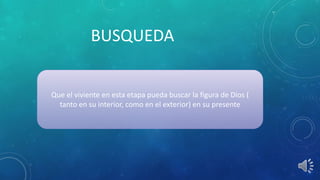 BUSQUEDA
Que el viviente en esta etapa pueda buscar la figura de Dios (
tanto en su interior, como en el exterior) en su presente
 