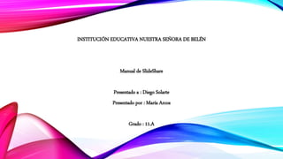 INSTITUCIÓN EDUCATIVA NUESTRA SEÑORA DE BELÉN
Manual de SlideShare
Presentado a : Diego Solarte
Presentado por : María Arcos
Grado : 11.A
 