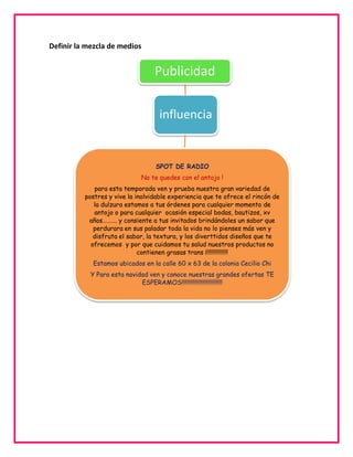 Definir la mezcla de medios

Publicidad
influencia

SPOT DE RADIO
No te quedes con el antojo !
para esta temporada ven y prueba nuestra gran variedad de
postres y vive la inolvidable experiencia que te ofrece el rincón de
la dulzura estamos a tus órdenes para cualquier momento de
antojo o para cualquier ocasión especial bodas, bautizos, xv
años………. y consiente a tus invitados brindándoles un sabor que
perdurara en sus paladar toda la vida no lo pienses más ven y
disfruta el sabor, la textura, y los diverttidos diseños que te
ofrecemos y por que cuidamos tu salud nuestros productos no
contienen grasas trans ¡!!!!!!!!!!!!!!
Estamos ubicados en la calle 60 x 63 de la colonia Cecilio Chi
Y Para esta navidad ven y conoce nuestras grandes ofertas TE
ESPERAMOS!!!!!!!!!!!!!!!!!!!!!!!!!!!

 