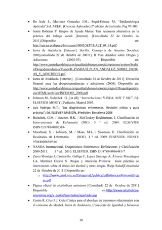 De Irala J., Martínez Gonzalez J.M., Seguí-Gómez M; “Epidemiología
Aplicada”;Ed. ARIAL (Ciencias Aplicadas) 2ª edición Actualizada; Pág 97-100.
Sonia Ródenas P. Grupos de Ayuda Mutua: Una respuesta alternativa en la
práctica del trabajo social. [Internet]. [Consultado 22 de Octubre de
2011].Disponible                                                    en:
http://rua.ua.es/dspace/bitstream/10045/5837/1/ALT_04_14.pdf
Junta de Andalucía. [Internet]. Sevilla: Consejería de Asuntos Sociales;
2001[consultado 22 de Octubre de 20011]. II Plan Andaluz sobre Drogas y
Adicciones              (2002-07).                Disponible             en:
http://www.juntadeandalucia.es/igualdadybienestarsocial/opencms/system/bodie
s/Drogodependencia/Planes/II_PASDA/II_PLAN_ANDALUZ_SOBRE_DROG
AS_Y_ADICIONES.pdf
Junta de Andalucía. [Internet]. [Consultado 24 de Octubre de 2011]. Dirección
General para las drogodependencias y adicciones (2008). Disponible en:
http://www.juntadeandalucia.es/igualdadybienestarsocial/export/Drogodependen
cia/HTML/archivos/INFORME_2008.pdf
Johnson M., Bulechek G., [et all]; “Interrelaciones NANDA, NOC Y NIC”, Ed.
ELSEVIER MOSBY; 2ªedición, Madrid 2007.
Luis Rodrigo M.T.: "Los diagnósticos enfermeros. Revisión crítica y guía
práctica"; Ed. ELSEVIER MASSON, 8ªedición; Barcelona 2008
Bulechek, G.M. / Butcher, H.K. / McCloskey Dochterman, J. Clasificación de
Intervenciones de Enfermería (NIC). 5 ª ed. 2009. ELSEVIER
ISBN13:978848086388-
Moorhead, S. / Johnson, M. / Maas, M.L. / Swanson, E. Clasificación de
Resultados de Enfermería       (NOC). 4 ª ed. 2009. ELSEVIER. ISBN13:
978848086389-66
NANDA Internacional. Diagnósticos Enfermeros: Definiciones y Clasificación
2009-2011.      1 ª ed. 2010. ELSEVIER. ISBN13: 978848086481-7
Zarco Montejo J, Caudevilla Galligo F, Lopez Santiago A, Álvarez Mazariegos
J.A, Martínez Osorio S. Drogas y Atención Primaria: Guía práctica de
intervención sobre el abuso del alcohol y otras drogas. Rioja Salud[Consultado
22 de Octubre de 2011] Disponible en:
    o http://www.pnsd.msc.es/Categoria2/publica/pdf/AtencionPrimariaDrog
       as.pdf
Página oficial de alcohólicos anónimos [Consultado 22 de Octubre de 2011]
Disponible                                       en:http://www.alcoholicos-
anonimos.org/v_portal/apartados/apartado.asp
Castro R, Cruz F.J. Guía Clínica para el abordaje de trastornos relacionados con
el consumo de alcohol. Junta de Andalucía, Consejería de Igualdad y bienestar



                                   30
 