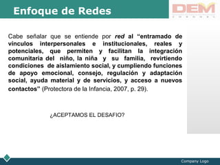 LOGO
Company Logo
Enfoque de Redes
Cabe señalar que se entiende por red al “entramado de
vínculos interpersonales e institucionales, reales y
potenciales, que permiten y facilitan la integración
comunitaria del niño, la niña y su familia, revirtiendo
condiciones de aislamiento social, y cumpliendo funciones
de apoyo emocional, consejo, regulación y adaptación
social, ayuda material y de servicios, y acceso a nuevos
contactos” (Protectora de la Infancia, 2007, p. 29).
¿ACEPTAMOS EL DESAFIO?
 