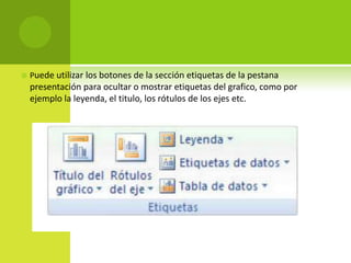    Puede utilizar los botones de la sección etiquetas de la pestana
    presentación para ocultar o mostrar etiquetas del grafico, como por
    ejemplo la leyenda, el titulo, los rótulos de los ejes etc.
 